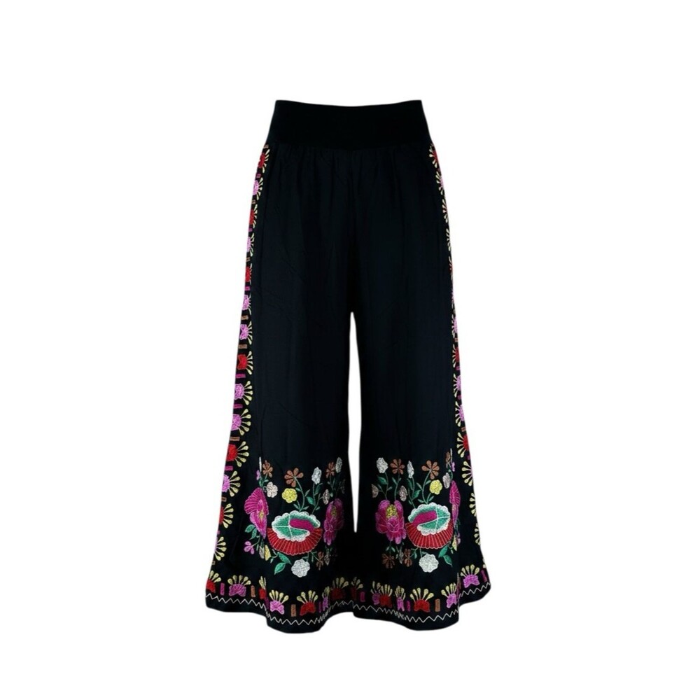 Bali Queen Embroidered Boho Wide Leg  Pants Floral Festival Hippie Black M/L